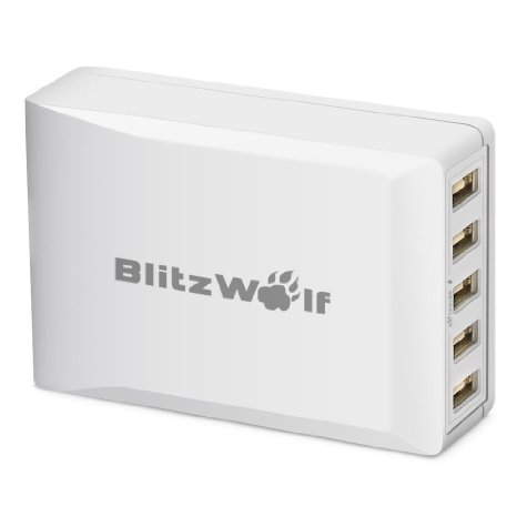 5 Port USB Desktop Charger BlitzWolf 40W8A 24A Max Each Rapid Phone Charging Station Power3S Technology for Apple iPhone 6 6s Plus iPad Air 2 Samsung Galaxy S4 S5 Edge Note 4 5 SonyWhite