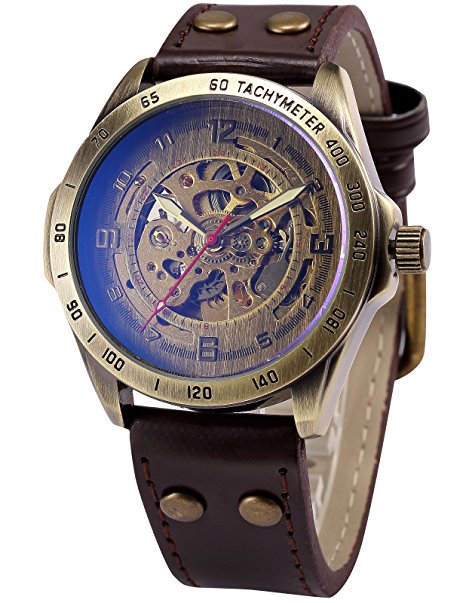 AMPM24 Vintage Bronze Case Automatic Mechanical Skeleton Brown Leather Band Mens Sport Watch PMW368