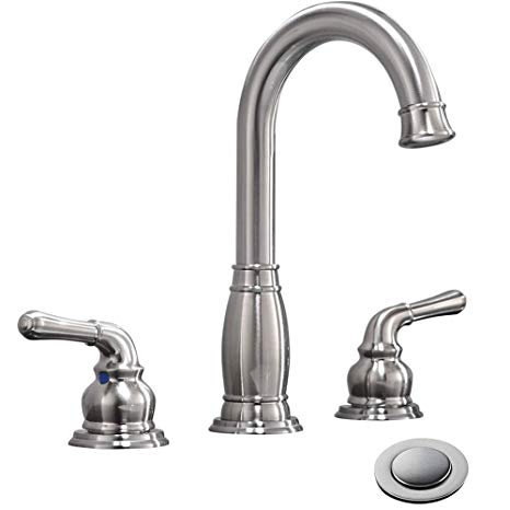 Phiestina Three-Hole 8 inch Two-Handle Widespread Brushed Nickel Bathroom Faucets with Valve And Metal Pop-Up Drain Assembly, WF017-8-BN