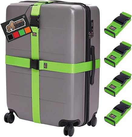 Gorilla Grip Heavy Duty 4 Pack Adjustable Luggage Straps for Suitcases, Easy to Identify Travel Belt Connector Holds Suitcase Together, Extends Life of Bag, Strap Connects Two Bags, Accessories Green