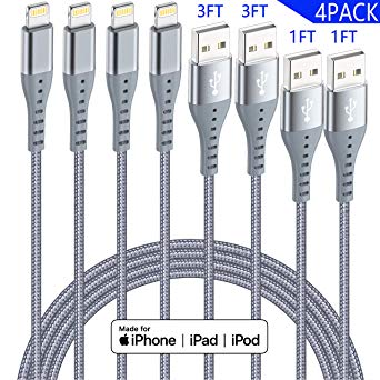 XnewCable 4Pack(1ft 1ft 3ft 3ft) Lightning Cable iPhone Charger Apple MFi Certified Nylon Braided Long Fast USB Cord Compatible for iPhone 11Pro MAX Xs XR X 8 7 6S 6 Plus SE 5S 5C (Dark Gray)