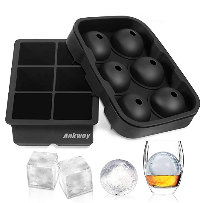 Ankway Ice Cube Trays Silicone 2 Pack Reusable Flexible Large Square Ice Cube Molds & Sphere Round Ice Ball Maker for Chilling Bourbon Whiskey Drinks Cocktails Beverages