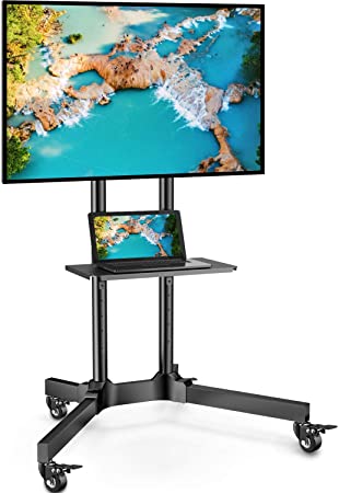 Mobile TV Cart for 32-75in TVs Rolling TV Stand with Height Adjustable Tray Max VESA 600x400mm Holds up to 132lbs LED/LCD/OLED Flat/Curved TVs Portable Monitor Stand with Lockable Wheels- PGTVMC01