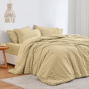 Love's cabin Seersucker Camel California King Comforter Set, 7 Pieces California King Bed in a Bag, All Season Bedding Sets with Comforter, Flat Sheet, Fitted Sheet, Pillowcase and Pillow Sham