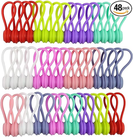 Motiloo 8 Colors-48 Pack Reusable Magnetic Cable Ties Silicone Magnetic Cable Clips Cord Organizer Management Cable Cords,Book Markers, Fridge Magnets,Multicolor