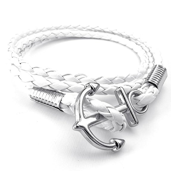 KONOV Mens Womens Leather Bracelet, Braided Anchor Wrap Bangle, White Silver