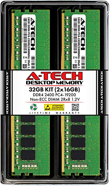 A-Tech 32GB (2x16GB) DDR4 2400MHz DIMM PC4-19200 2Rx8 Dual Rank 1.2V CL17 288-Pin Non-ECC UDIMM Desktop RAM Memory Upgrade Kit