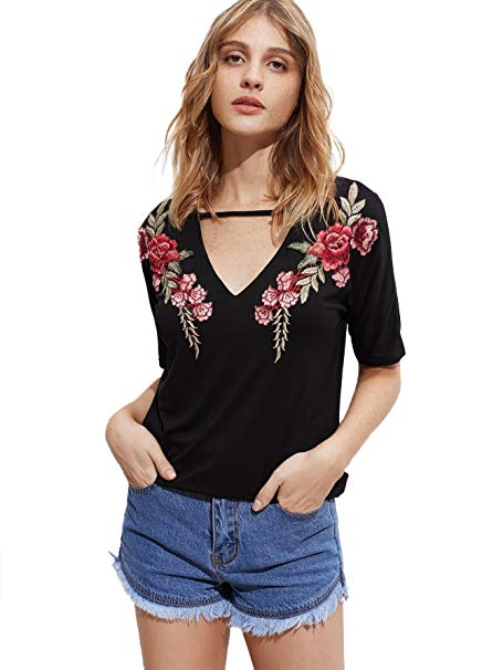 Romwe Women's Summer Floral V Neck T Shirt Short Sleeve Basic Top