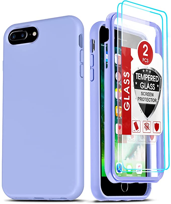 LeYi for iPhone 8 Plus Case, iPhone 7 Plus Case with [2 x Tempered Glass Screen Protector] for Women, Full-Body Shockproof Soft Cute Silicone Protective Phone Cover Case for iPhone 6s/6 Plus, Violet