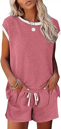 Ekouaer Womens Pajamas Set 2 Piece Short Sleeves PJs O Neck Tops and Drawstring Waist Shorts Soft Lounge Set