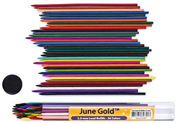 June Gold 36 Colored Lead Refills, 2.0 mm Extra Bold, 90 mm Tall, Pre-Sharpened, Break & Smudge Resistant