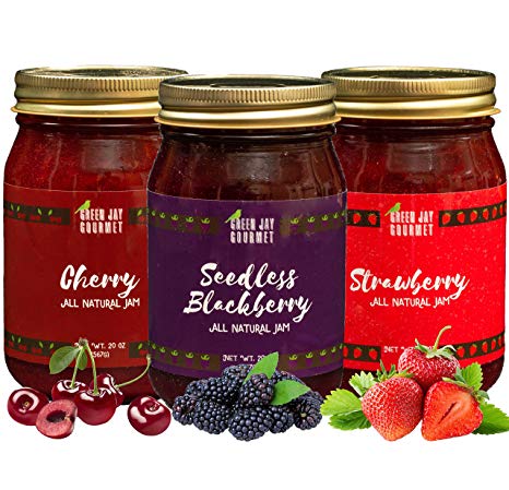 Green Jay Gourmet Classic Jam Collection - Cherry, Blackberry, Strawberry Jam - All-Natural Fruit Jam Bundle - Vegan, Gluten-free Jam - No Preservatives or Corn Syrup - Made in USA - 3 x 20 Ounces