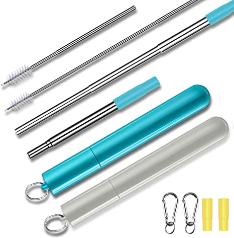 Metal Straws with Case - Rubinom Collapsible Straw Drinking Reusable Stainless Steel Portable with Silicone Tips & Telescopic Cleaning Brush & Keychain, 2 Pack of Gray/Teal
