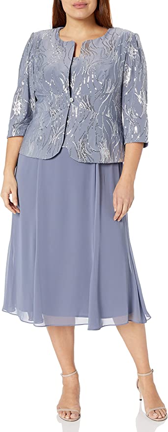 Alex Evenings Women's Plus Size Tea Length Button-Front Jacket Dress