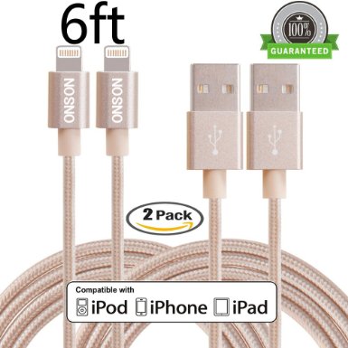 iPhone Cable, ONSON 2 Pack 6ft Lightning Cable Charging Cord Nylon Braided Apple USB Cable Data Sync Cable 8 Pin Cable for for iPhone 6s, 6s plus, 6plus, 6,5s 5c 5,iPad Mini, iPad5 (Gold)