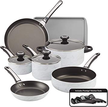 Farberware 22258 Designs Nonstick Cookware Pots and Pans Set, 16 Piece, White Marble