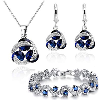 Blue Simulated Sapphire Zirconia Crystals Set Pendant Necklace 18" Earrings Bracelet 18 ct White Gold Plated