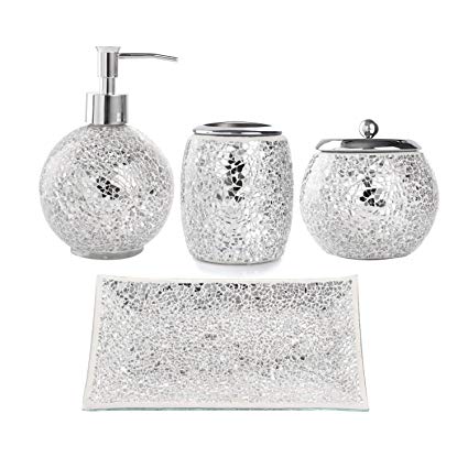 WH Housewares Bath Accessory Set, 4-PIECE Mosaic Glass Bathroom Accessories Completes with Lotion/Soap Pump, Cotton Jar, Tray, Toothbrush Holder - Finished in Shining Silver Modern Style