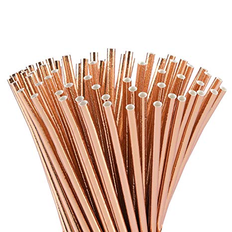 ALINK Rose Gold Foil Paper Straws, Biodegradable Disposable Party Drinking Straws for Birthday, Wedding, Bridal/Baby Shower Decorations and Holiday Celebrations, Pack of 100