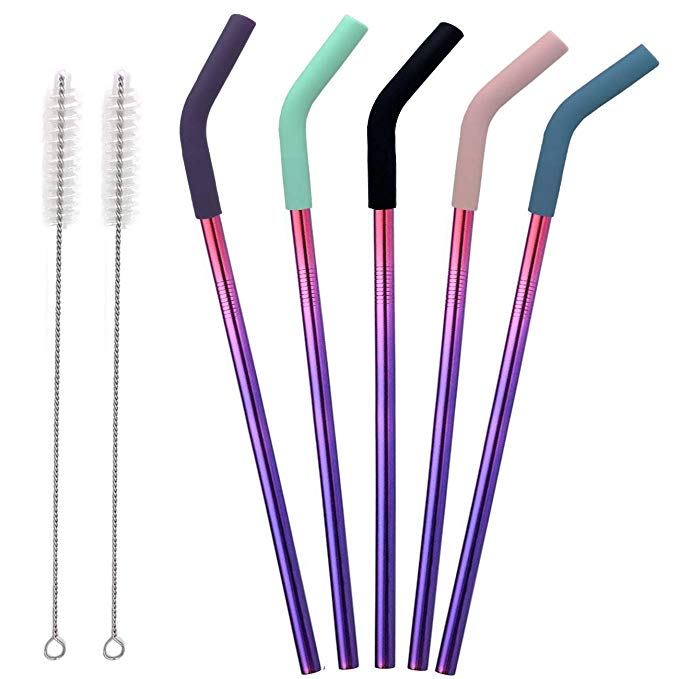 Senneny Set of 5 Stainless Steel Straws with Silicone Flex Tips Elbows Cover, 2 Cleaning Brushes and 1 Portable Bag Included - Colorful