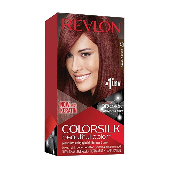 Revlon Colorsilk Beautiful Color, Permanent Hair Dye with Keratin, 100% Gray Coverage, Ammonia Free, 49 Auburn Brown