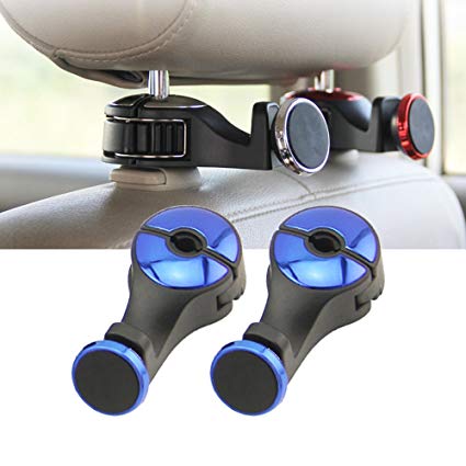 2-Pack Car Vehicle Back Seat Headrest Hanger Holders Hooks with Phone/iPad Holders, Gulee Heavy Duty Backseat Hook Organizer with Lock for Purse Bags Grocery (Blue)