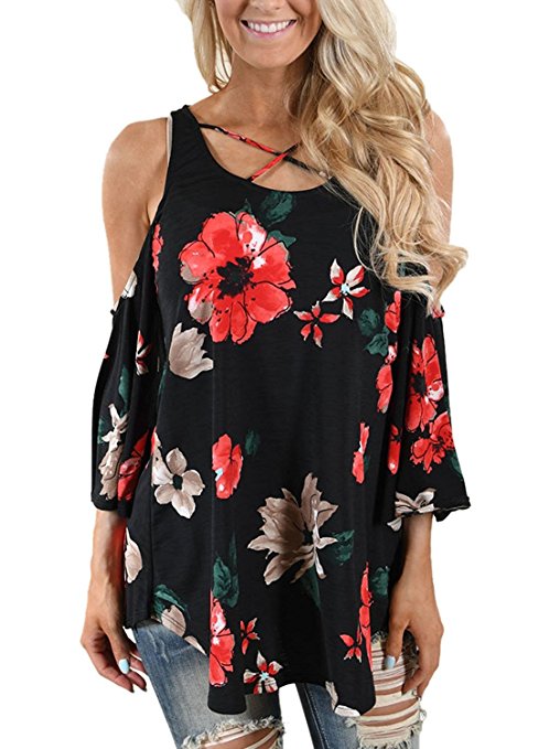 Cold shoulder tops for women with crisscross and casual floral tunic blouse
