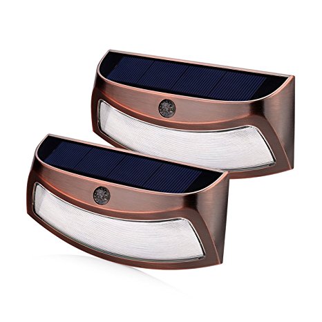 xtf2015 Copper Solar Power Light 4 LED Outdoor Solar Smiling Wall Lights , Wireless Security Step Light Night Lamps - AUTO OFF - for Stair, Garden, Doorway, Outside Wall - Pack of 2 - Warm White