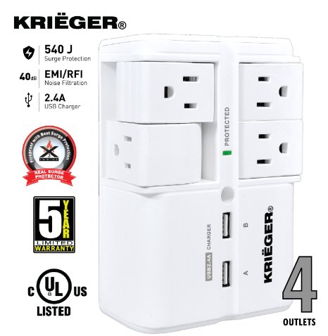 KRIËGER® UL 1449 - 4-Rotating Outlet Wall Mount - Advanced Fireproof Surge protector with X3 MOV Technology - 2.4A Dual USB Charging ports, fast charge your iphone android and tablets.