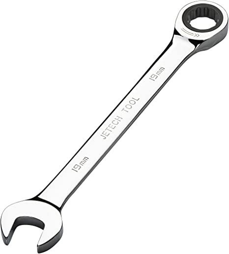 Jetech 19mm Ratcheting Combination Wrench - Metric Industrial Grade Cr-V Steel Gear Spanner in Polished Chrome Finish