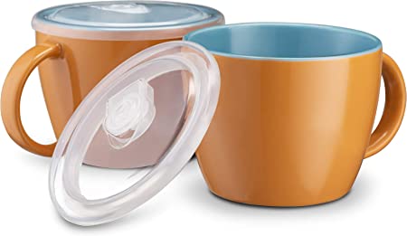 Soup Cups with Plastic Vented Lid, by KooK, Ceramic Make, Pumpkin/Blue, Set of 2, 25oz