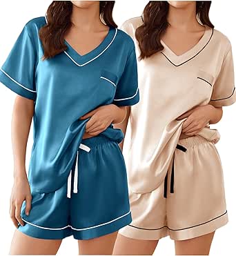 Ekouaer 2 Pack Silk Pajamas for Women Short Sleeve Satin Pj Set Soft V neck Sleepwear Loungewear, S-XXL