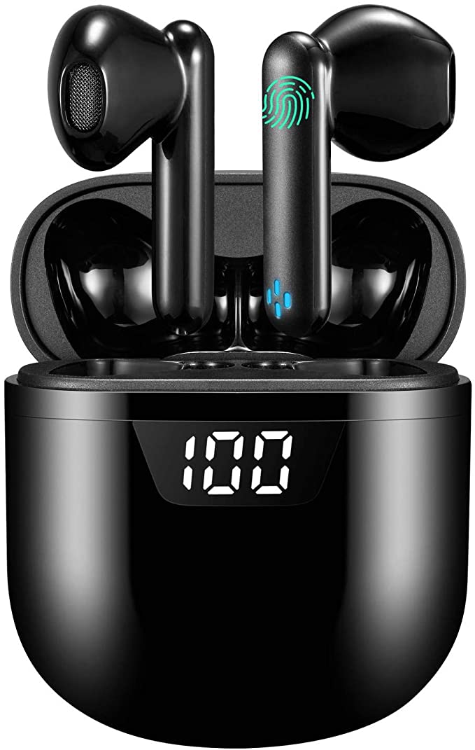 True Wireless Earbuds Bluetooth Headphones HiFi Stereo Sound Noise Cancelling Touch Control 24H Playtime with LED Display Charging Case IPX7 Waterproof Headsets for Running and Gym Black