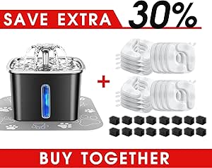 Veken 95oz/2.8L Stainless Steel Cat Water Fountain & Original Design 32 Pack Replacement Filters & Sponges Set (Black)