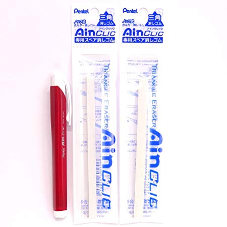 Pentel AinCLIC Stick Type Knock Eraser, Metal Red (XZE15-MB)   Eraser Refills×2 Packs/total 2 Refills(Japan Import) [Komainu-Dou Original Package]