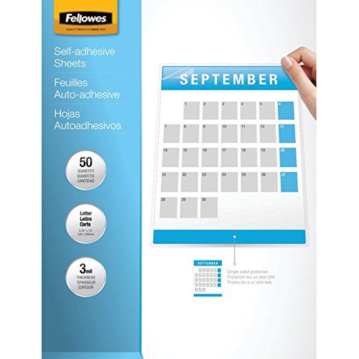Fellowes Laminating Sheets, Self Adhesive, Letter Size, 3 Mil, 50/Pack (5221502)