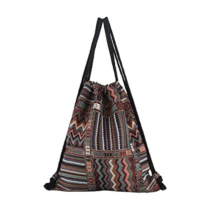 Farway Bohemia Canvas Drawstring Bag Ethnic Knit Backpack Shopping Sack Bags Unisex