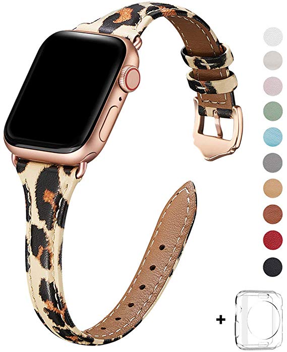 WFEAGL Leather Bands Compatible with Apple Watch 38mm 40mm 42mm 44mm, Top Grain Leather Band Slim & Thin Replacement Wristband for iWatch Series 5/4/3/2/1 (Leopard Band Rosegold Adapter, 38mm 40mm)