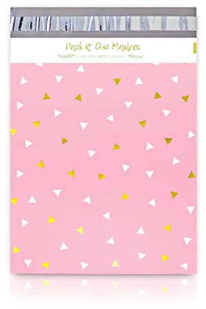 Pack It Chic - 12” X 15.5” (100 Pack) Pink Gold Triangle Confetti Poly Mailer Envelope Plastic Custom Mailing & Shipping Bags - Self Seal (More Designs Available)