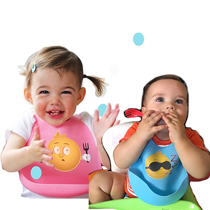 Emoji Waterproof Silicone baby bib, drool bib, teething toddler bib with food catcher. Set of 3