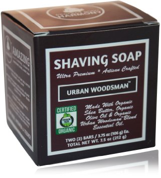 Organic Shaving Soap * Urban WoodsmanTM*Unisex *Two 3.75 oz Bars *5in1 (Shave, Shampoo, Cond., Body & Beard Soap)* Certified Organic By Oregon Tilth *Made W/Softening Butters & Oils & Org. Essen.Oils.