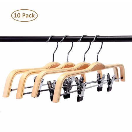 LOHAS Home H03 10-Pack Light Wood Skirt Hangers Sturdy Wood Pants Hangers Wood Trousers Hangers Wood Clothes Hangers with Polished Hooks and Clips