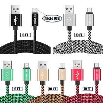 Honest kin Android Charge Cable 10 Ft [5-Pack] Colorful Nylon Braided Fabric Micro USB Charging & Sync Data Charger Cable Cord for Android