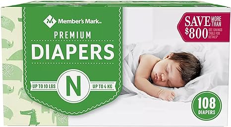 Members Mark Members Mark Premium Baby Diapers, Newborn Size 10 Pounds, 108 Count