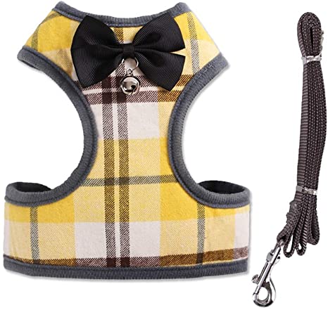 Rantow Heavy Duty Pet Dog Harness Vest   Pet Dogs Leash - Classic Plaid Puppy Harness Kitty Lead Rope Set for Small Dogs Big Cats - with Cute Bow Tie ＆ Bell