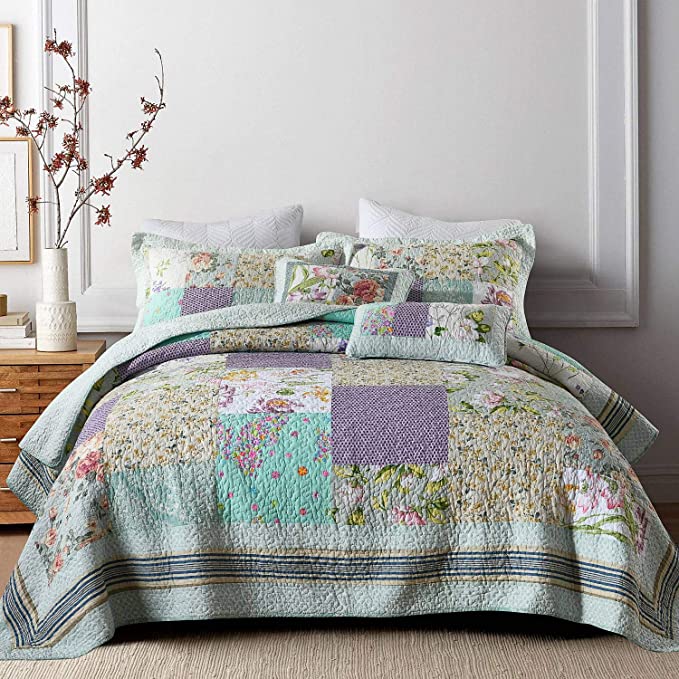 NEWLAKE Bedspread Quilt Set with Real Stitched Embroidery, Classic Floral Pattern,King Size
