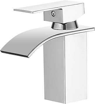 BESy Waterfall Spout Bathroom Sink Mixer Taps,Single Handle Basin Mixer Tap, Rv Lavatory Vessel Faucet,Stainless Steel,Polished Chrome