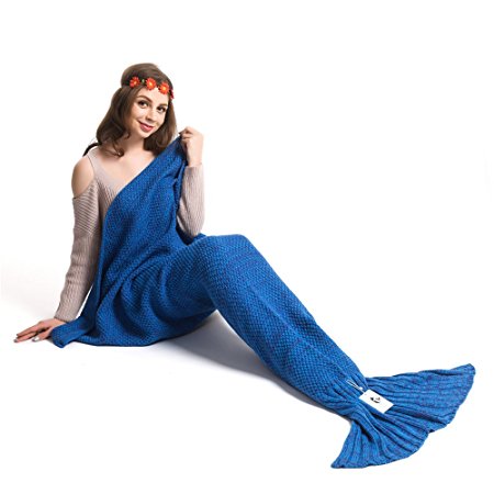 Kpblis Warm and Soft Mermaid Tail Blanket Knitted Mermaid Blanket for Adult 71-35-inches Blue