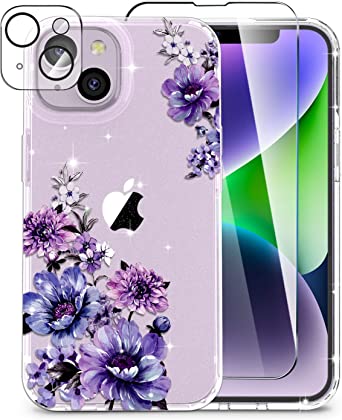 OKP Clear Glitter Flower Case for iPhone 14 Plus for Women Girls (2022 Release), Slim Floral Pattern Apple Phone 6.7 inch Protective Case with Screen Protector & Camera Lens Protector, Purple Floral