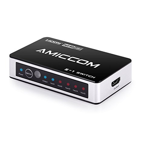 AMICCOM HDMI Switch, Premium 5 Port High Speed HDMI Switcher Box with IR Wireless Remote & AC Power Adapter - Supports 1080P and 3D Videos & DTS Audio Codecs (5 port)
